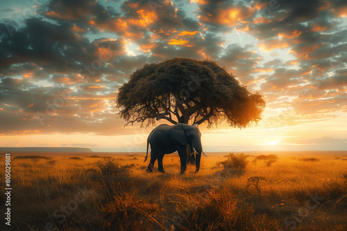 Majestic elephant under african sunset