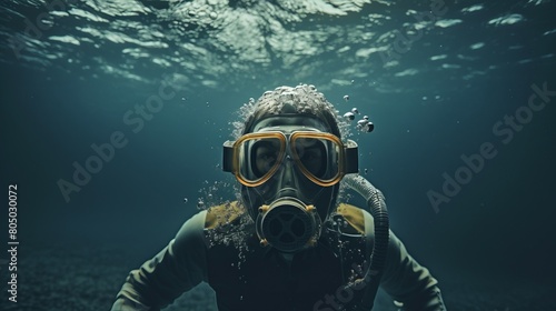 A diver in a mask is swimming in the water.