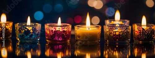 Exquisite Candle Arrangement, Floating candles adrift in intricately designed glass vessels, composing a luxurious backdrop tailored for HD banners.