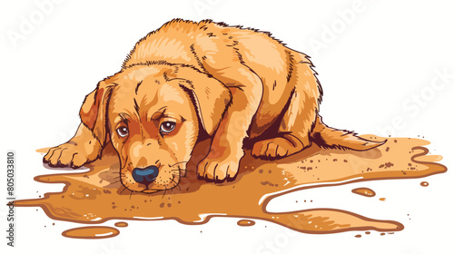 Cute nasty dog peeing on carpet isolated on white background