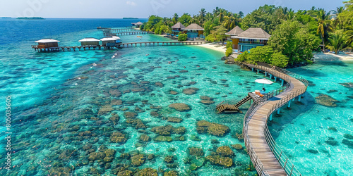 A beautiful beach with a wooden walkway leading to the water