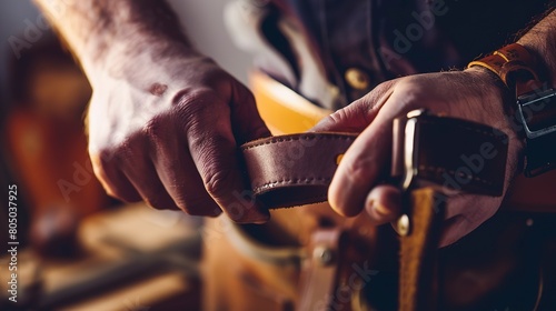 Close-up of a leather craftsman tooling a belt, focused on hands and tools, detailed texture, workshop light. 