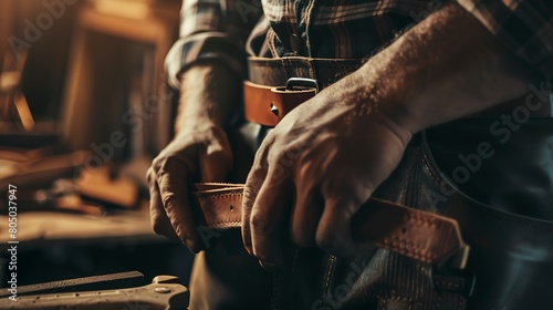 Close-up of a leather craftsman tooling a belt, focused on hands and tools, detailed texture, workshop light. 