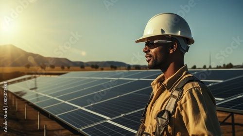 A black male engineer wearing a hard hat and safety glasses is standing in a solar field, looking at the sunset.