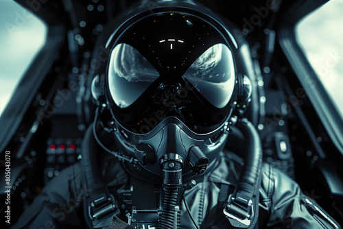 Mysterious pilot wearing a futuristic helmet in the cockpit of a fighter jet
