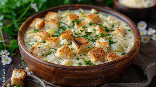  A bowl of potato soup is garnished with croutons and Parmesan bread croutons, topped with parsley