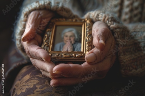 Closeup of elderly womans hands holding a golden frame with a picture of herself, showing a cherished memory