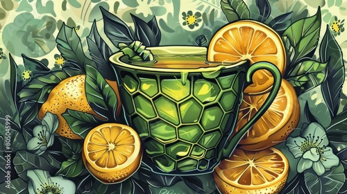 A green cup with a turtle on it is filled with tea and surrounded by oranges