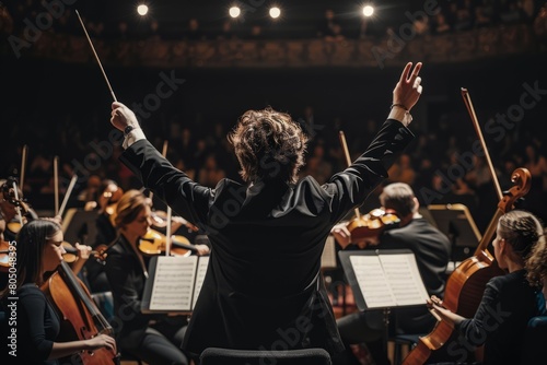 A conductor energetically leads an orchestra on stage, raising his arms to direct the musicians in a musical performance