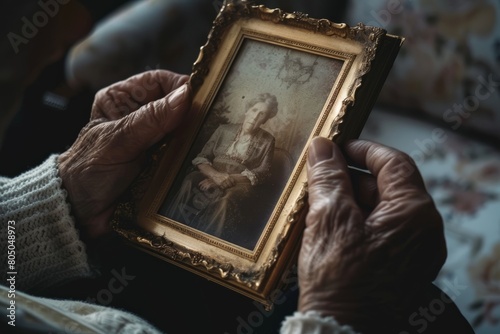 An old woman holding a picture in her hands, displaying emotional connection to the past