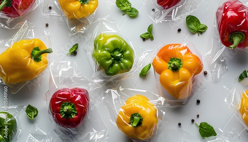 Plastic food wrap with sweet peppers on white background