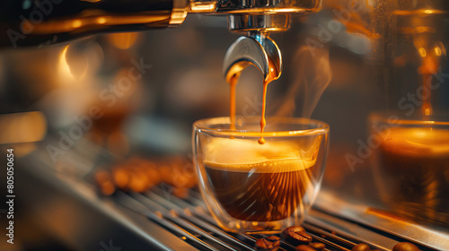 Close-up view of rich espresso brewing from a high-end coffee machine, capturing the perfect crema and aromatic coffee beans.