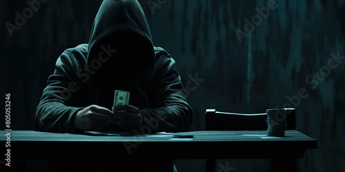 Financial hacker conducting anonymous cash transaction in dark environment.