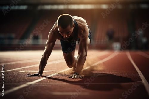 A man is taking the initial steps as he begins to run on a track, preparing for a sprint or long-distance run