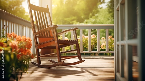 A classic wooden rocking chair on a porch, swaying gently in the breeze on a lazy summer afternoon
