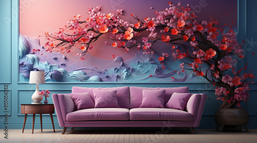 Welcome to cozy living room featuring a stunning purple couch and a mesmerizing wall mural. ️