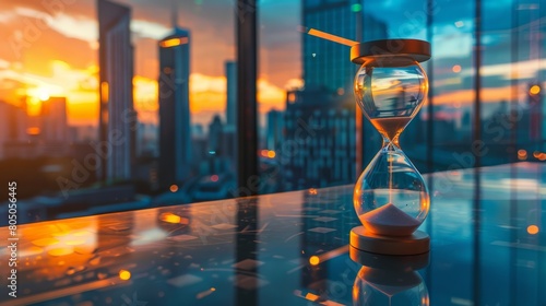 Close up hourglass on table with big city background, time and business concept, hyper realistic 