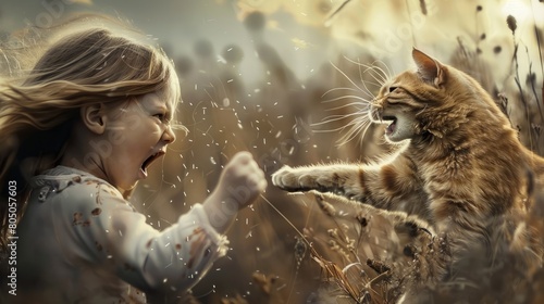 Cute little girl and her cat are ready to fight, hyper realistic 