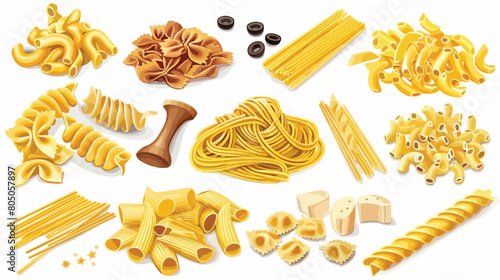 Assortment of uncooked pasta on white background Vector