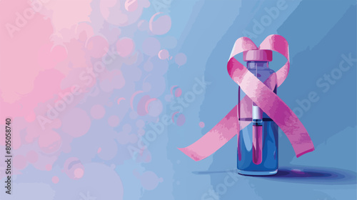 Awareness ribbon with bottle of insulin on color background