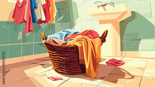 Basket with dirty laundry on floor in bathroom Vector