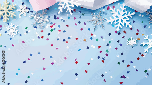 Blank card and confetti in shape of snowflakes on col