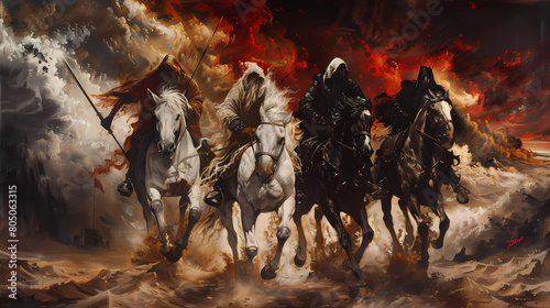 Four Horsemen of the Apocalypse - white for conquest, red for war, black for pestilence or famine, and pale for death black background desert landscape
