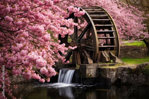 Waterwheel Feature: A waterwheel surrounded by cherry blossoms, adding a touch of rustic charm.