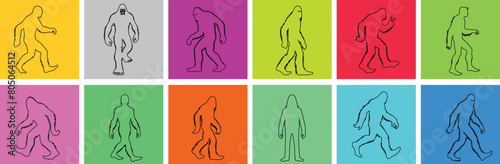 Bigfoot line illustration mythical creature, line art vector set, colorful backgrounds. Perfect for cryptozoology enthusiasts, folklore themed designs