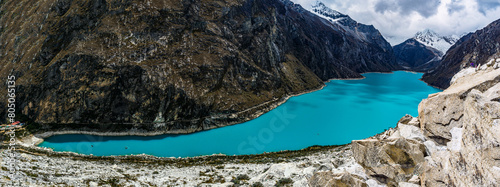 panormaic view of laguna paron in the snow-covered andes in the Huascarán national park in peru