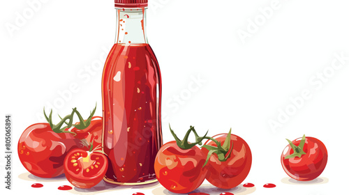 Bottle of ketchup and tomatoes on white background Vector