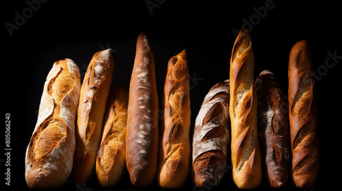 Various baguettes in a row, fresh bread, black background isolate. AI generated.