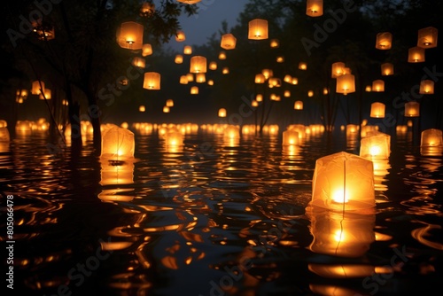Floating Lantern Ceremony: Lanterns floating on a pond during a special evening ceremony.