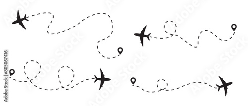 Airplane Plane routes line set. Planes dotted flight pathway. Plane paths. Aircraft tracking, planes, travel, map pins, location pins .start point line trace and plane routes.