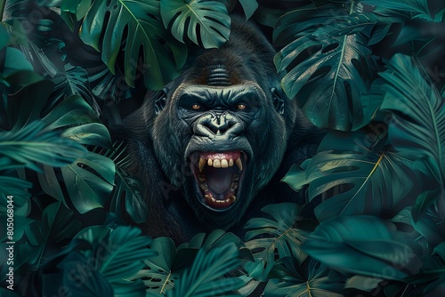 A hulking gorilla with its jaws agape, standing in the jungle