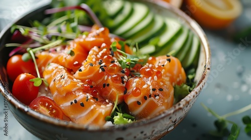 Spicy Salmon Sashimi Bowl with Fresh Veggies. A vibrant spicy salmon sashimi bowl adorned with avocado slices, cherry tomatoes, and cucumber, sprinkled with sesame seeds.