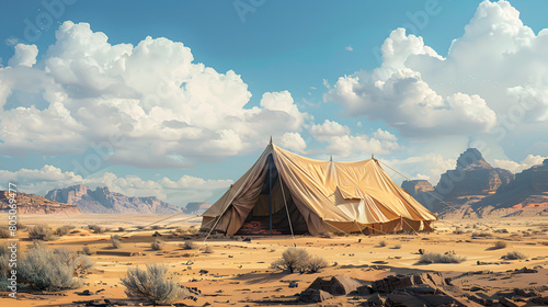 A tent encampment in a desert environment Bedouin tents in the Sahara Desert, Camp in the desert tent with clear blue sky above it, Generative Ai 