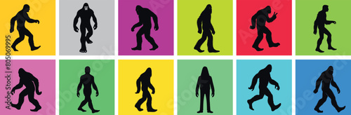 Bigfoot silhouette mythical creature, vector illustration in colorful pop art style. Silhouette of legendary ape like entity, symbol of mystery and folklore