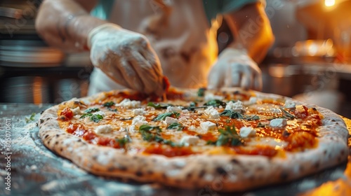 Professional Chef Garnishing Freshly Baked Pizza in a Modern Restaurant Kitchen