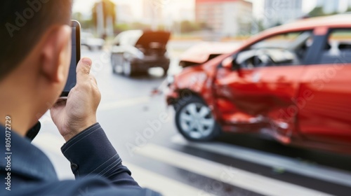 A person photographing a car accident with their smartphone. The focus is on the person with the crashed cars in the background.