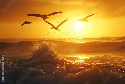 Sunrise Sunset Sun Sunny Ocean. A golden sunrise that could also be a sunset over the ocean with pelicans flying by. .