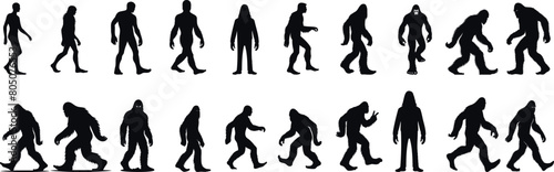 Bigfoot silhouette evolution sequence, mysterious creature, mythical legend, Sasquatch folklore, humanoid ape like, cryptozoology enigma, shadowy figure