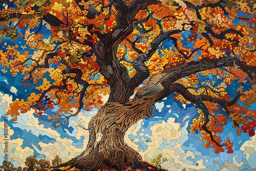 Capture the grandeur of a towering oak tree in a Low-angle view Pointillism piece using vibrant autumnal hues