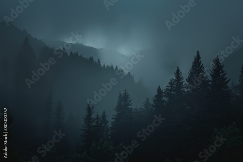 Mysterious forest landscape with fog and a subdued blue light filtering through dense pine trees, creating a tranquil and eerie atmosphere ideal for moody backgrounds or nature themes.