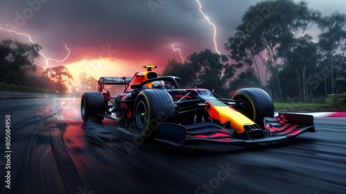Photograph the intense competition of a Formula 1 race as a driver executes a skillful overtake under the dramatic backdrop