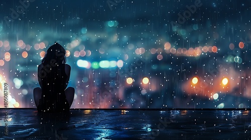 Lonely girl sitting in rain, looking at city at night - mental health