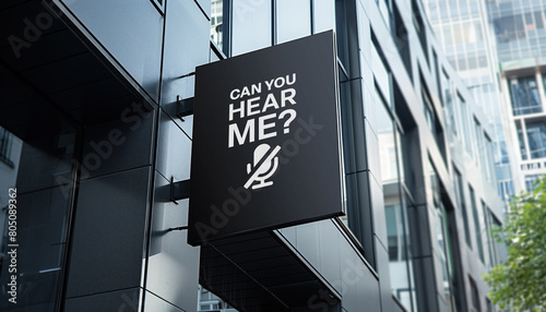 Can you hear me? sign in front of a modern office building 