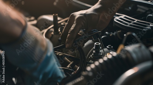 Auto mechanic tightening bolts on an engine, close-up, tools in hand, clear focus, garage lighting. 