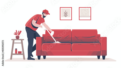 Dry cleaners employee removing dirt from sofa