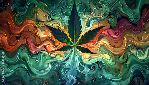 abstract surreal colorful psychedelic background with a marijuana or marihuana leaf, weed, psychoactive drug, wallpaper art or artwork, hashish or hash